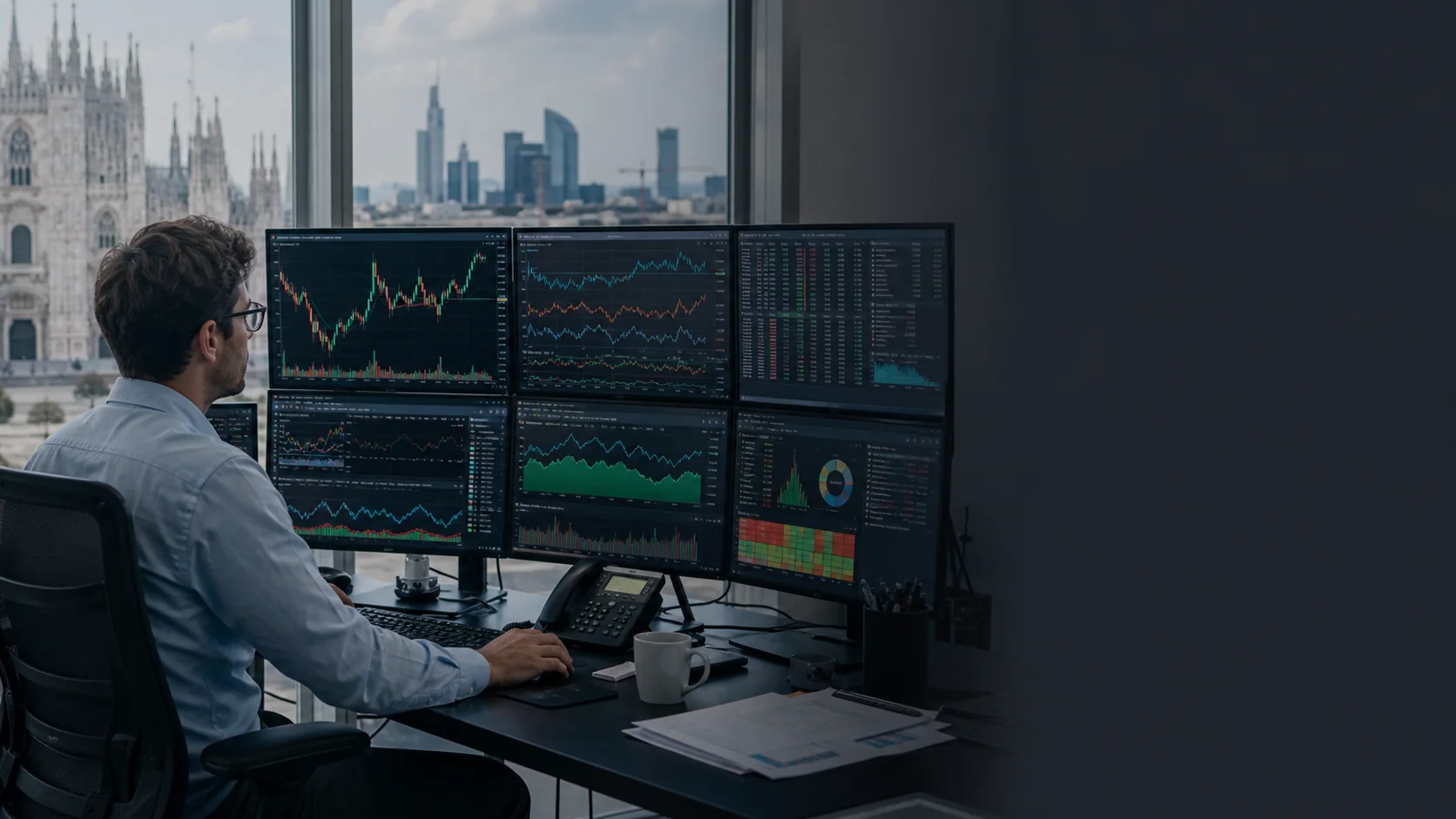 Analista davanti a più monitor con grafici, watchlist e dati di portafoglio